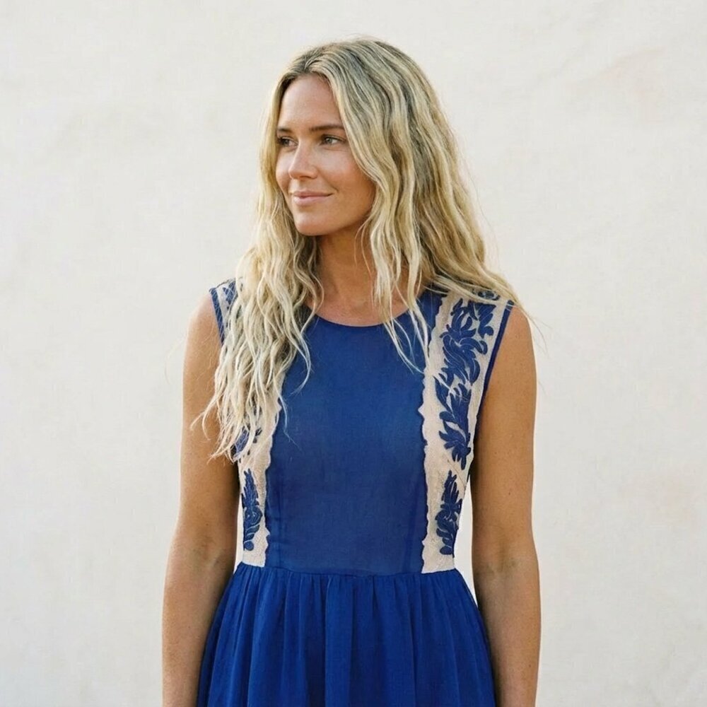 Urban Outfitters Pins and Needles Embroidered Royal Blue Deep V back Flowy Dress - Picture 2 of 12